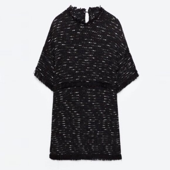 Zara Black Tweed Fringe Short Sleeve Mini Dress XS - Picture 2 of 9